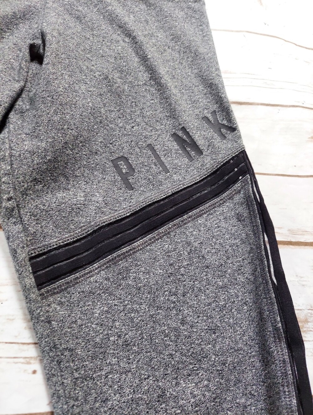 PINK Full Length Gray Leggings Black Mesh Trim Women's L - Picture 3 of 12